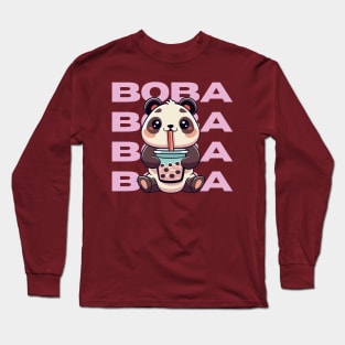 Boba Tea Panda | Cute Panda Drinking Boba Milk Tea Cartoon Long Sleeve T-Shirt